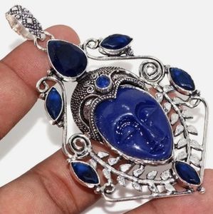 New Carved Blue Goddess Face Blue Topaz 925 Silver Pendant.